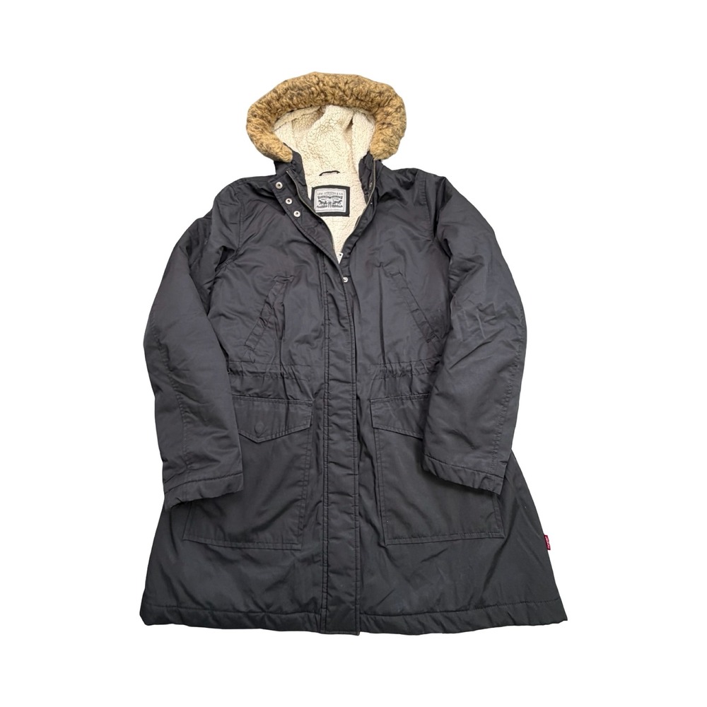 Levi's Parka Jacket Womens L Black Faux Fur Hood Cotton Nylon Workwear